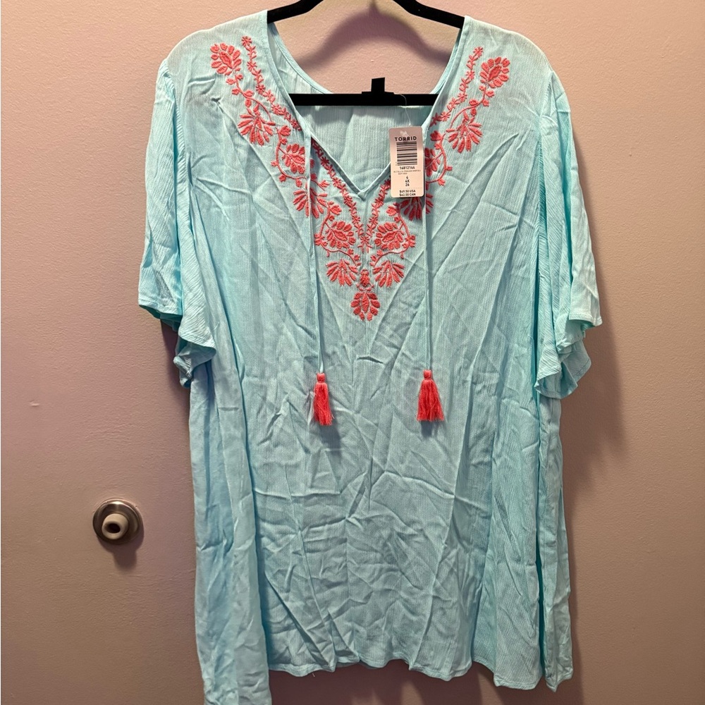 Torrid Light Blue Tunic with Coral Embroidery